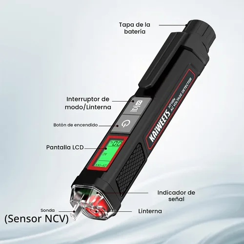 Vista 7 de KAIWEETS Probador de voltaje/probador de voltaje sin contacto con porcentaje de señal, CA de doble rango 12V/70V-1000V, probador de cable vivo/nulo