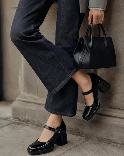 Vista 3 de Zapatos de tacón grueso con plataforma para mujer, punta cuadrada, Mary Janes pumps de tacón de bloque Negro