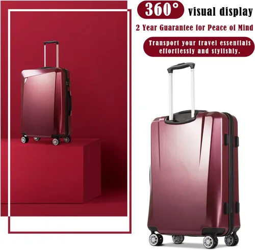 Vista 2 de Coolife Juego de equipaje de 3 piezas PCABS Spinner maleta de 20 pulgadas 24 pulgadas 28 pulgadas rojo vino New