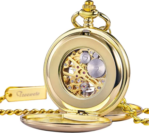 Vista 5 de Reloj de bolsillo - Serie de doble carcasa suave con esfera de esqueleto, delicado movimiento mecánico con cadena, dorado, Oro, Mecánico