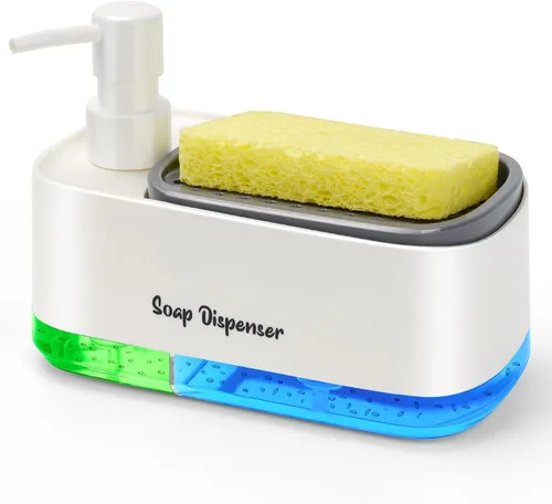 Vista 8 de Juego de dispensador de jabón para manos y platos para cocina, dispensador de jabón doble con soporte para esponja, dispensador de bomba de jabón 3