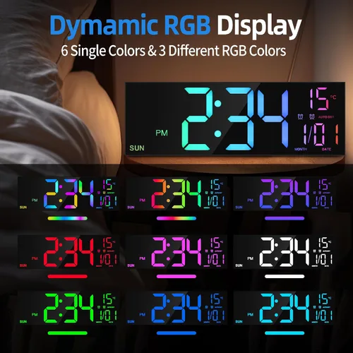 Vista 2 de LEIKE Reloj de pared digital grande de 16.2 pulgadas con control remoto, LED grande, alarma dual, 8 colores RGB, brillo automático, fecha, DST Negro