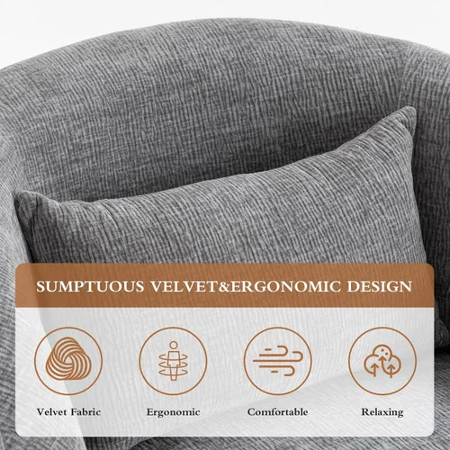 Vista 6 de Silla giratoria de 360°, moderna silla de barril de terciopelo con almohada, sofá individual tapizado para sala de estar, dormitorio, oficina. Gris