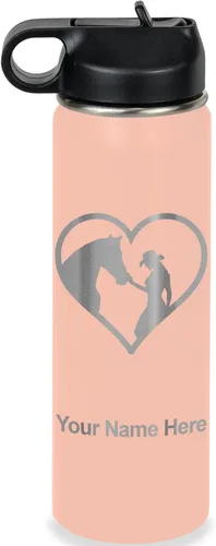 Vista 64 de LaserGram Botella de agua personalizada, corazón de vaquera de caballo, acero inoxidable de doble pared aislada al vacío con popote superior, regalo