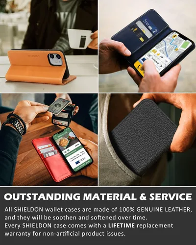 Vista 9 de SHIELDON Funda para iPhone 12/12 Pro 5G, Funda Tipo Billetera de Piel Auténtica con Bloqueo RFID Magnético, Soporte para Tarjetas de Crédito