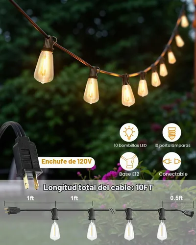 Vista 2 de BRIMAX Cadena de luces para exteriores de 10 pies con 10 bombillas