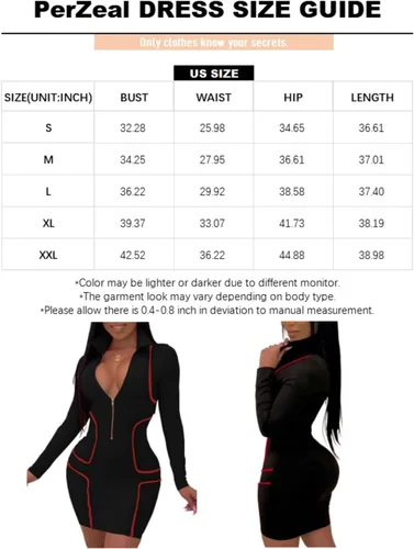 Vista 4 de PerZeal Vestido corto sexy ajustado para mujer, con cremallera frontal, cuello en V profundo, manga larga, club, fiesta, vestido corto
