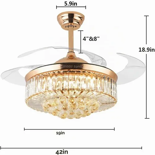 Vista 4 de Lámpara de techo de cristal de 42 pulgadas con control remoto, ventilador de techo retráctil con luces, lámpara LED moderna con kits de accesorios