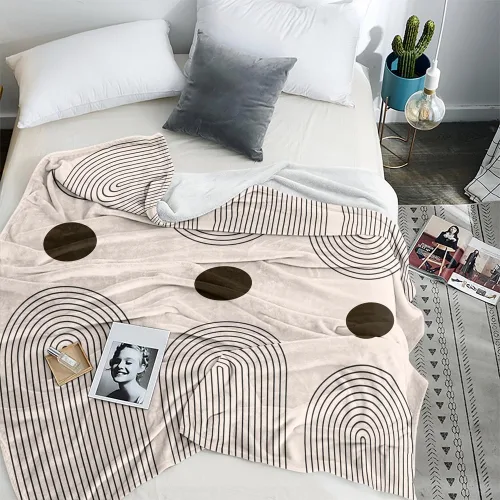 Vista 4 de Manta moderna abstracta de color negro y beige, manta bohemia de franela de doble cara, adecuada para adultos y niños en el sofá, automóvil, siesta