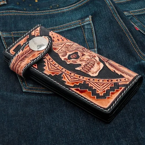 Vista 3 de Billetera de cuero genuino con diseño de calavera india