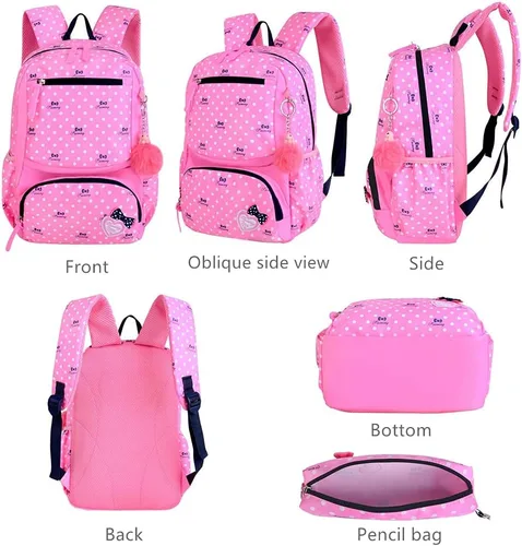 Vista 3 de 3Pcs Kids Backpack Bowknot Printed Daypack Girls 3 in 1 School Bag with Shoulder Bag and Pencil Bag