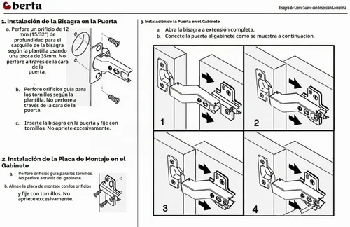 Vista 5 de Berta - Paquete de 4 bisagras de cierre suave sin marco, 110 grados, 6 maneras de ajuste, con 3 levas, bisagras ocultas para gabinetes de cocina