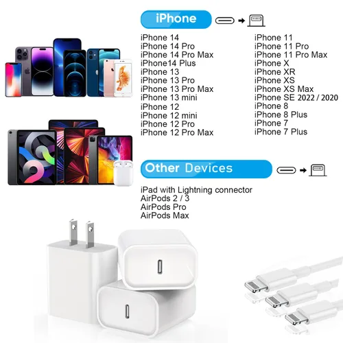 Vista 4 de Cable de carga rápida para iPhone [certificado MFi de Apple], paquete de 3 cables de carga de teléfono de 20 W, bloque de cargador USB C