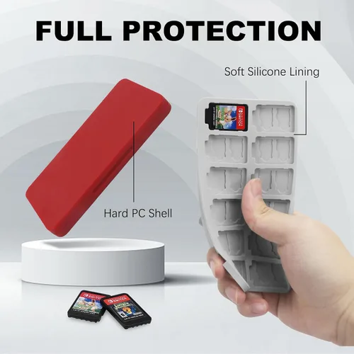Vista 5 de FYY Nintendo Switch Game Case Holder for Switch 2 Cartridge Case with 24 Game Card Slots & 48 Micro SD Card Slots, Hard Shell, Silicone Lining Red