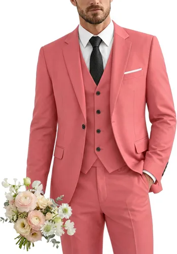 Vista 17 de Traje de 3 piezas para hombre con corbata, chaleco sólido de un botón y beige (529-beige)