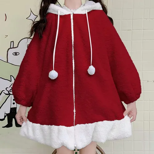 Vista 2 de Sudadera con capucha para mujer, con orejas de conejo, manga larga, mullida, esponjosa, con capucha, abrigos, anime, cosplay, suéter Kawaii