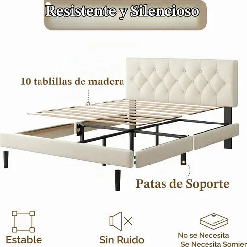 Vista 4 de CXVX Marco de cama de tamaño matrimonial con estructura de plataforma y cabecera tapizada, diseño con botones, listones de madera resistentes,