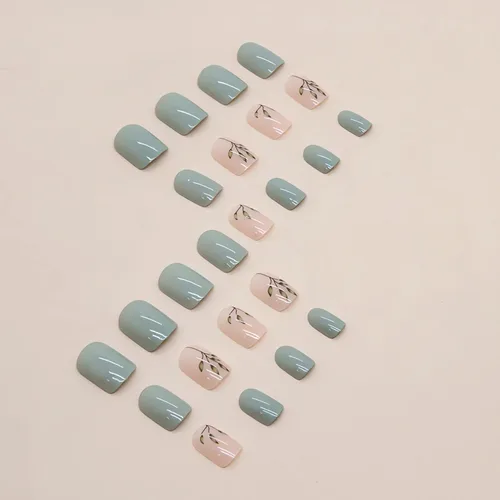 Vista 3 de LPOODDNU 24 uñas postizas cuadradas cortas, diseño de hoja verde lago, uñas acrílicas brillantes de cobertura completa, material ABS, para mujer