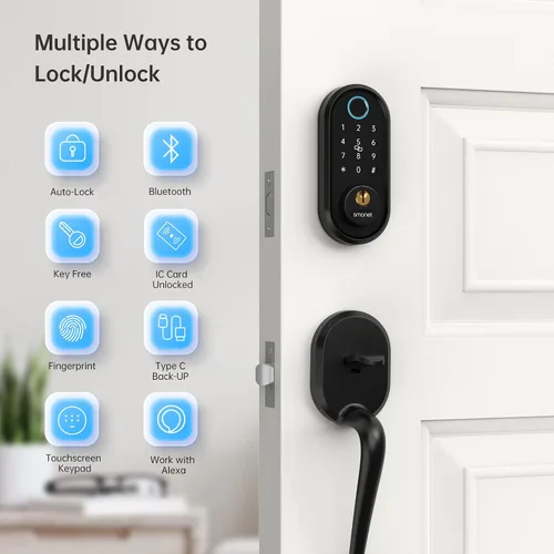 Vista 3 de Cerraduras inteligentes para puerta delantera con asa: cerradura de puerta de entrada sin llave SMONET con juego de manija Cerraduras digitales