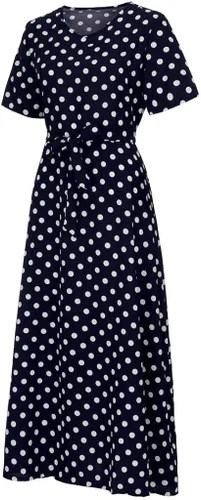 Vista 6 de Sunkessety - Vestido largo de verano con cuello redondo y manga corta con cinturón, elegante para fiesta