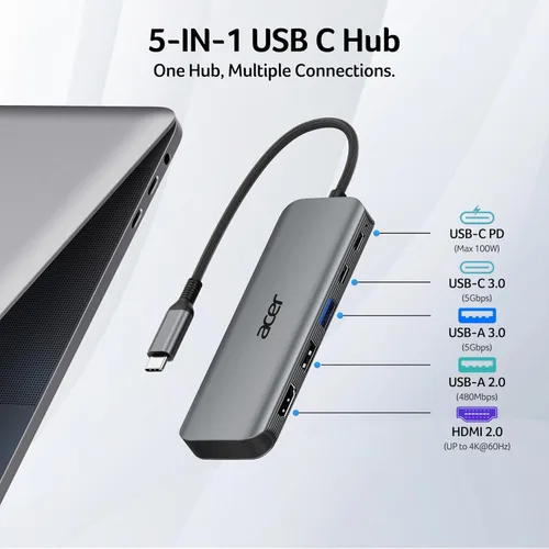 Vista 2 de Acer Hub USB C, adaptador USBC 5 en 1 a HDMI con 4K @60Hz para portátil/Mac