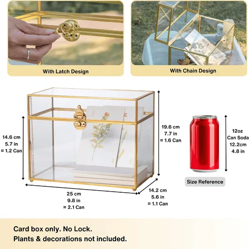 Vista 10 de NCYP Caja de tarjetas de vidrio dorada con tapa para recepción de boda, 9.8 x 5.6 x 7.7 pulgadas, caja de almacenamiento decorativa rectangular