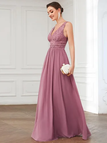 Vista 3 de Ever-Pretty Mujeres doble cuello en V elástico encaje sin mangas gasa una línea Maxi vestidos de noche 0163A