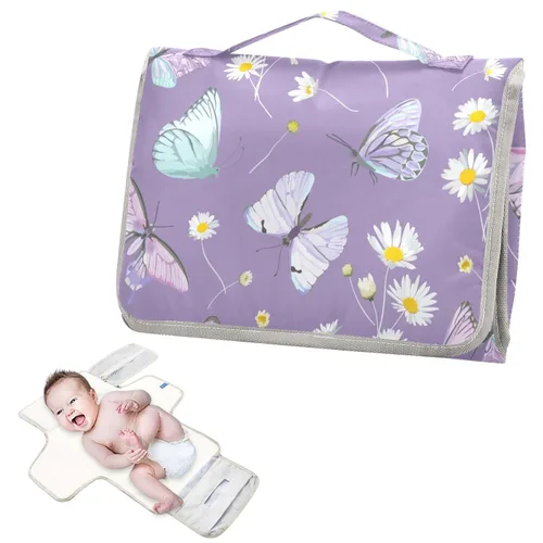 Vista 2 de Cambiador portátil para bebé – Mariposa púrpura impermeable cambiador de pañales cambiador de viaje con almohada incorporada – Regalo de ducha