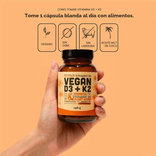 Vista 4 de sapling Suplemento vegano de vitamina D3 + K2 con aceite MCT de coco - 4000 UI de vitamina D y 100 mcg de vitamina K2 como Mk7 - Absorción
