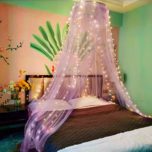 Vista 11 de Dosel de Cama de Encaje Mosquitera con Luces Cálidas, Dosel de Cama de Princesa para Decoración de Habitación de Niñas, Azul/Una Entrada Luces
