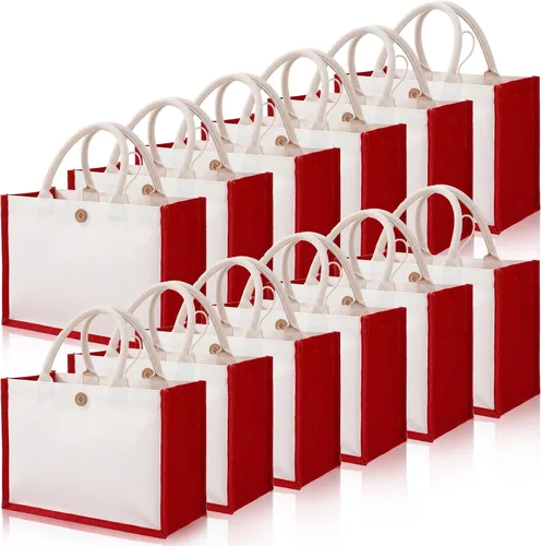 Vista 9 de 12 bolsas de yute de arpillera, bolsas de playa con asas, reutilizables, impermeables, bolsa de compras en blanco, bolsa de regalo de lona