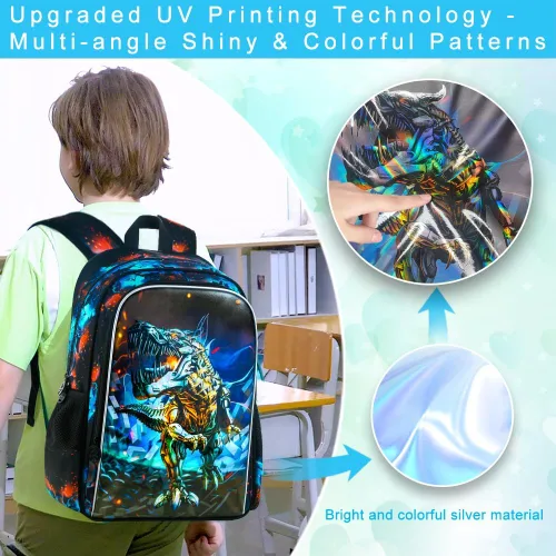Vista 3 de CCJPX Mochila de 3 piezas para niños, de 16 pulgadas, dinosaurio, preescolar, primaria, guardería, escuela, mochilas y lonchera, Negro Azul