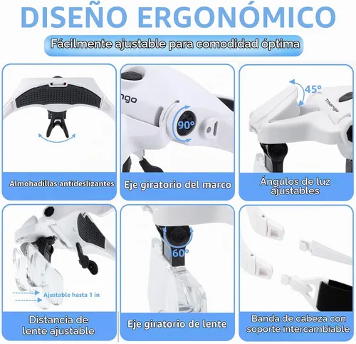 Vista 6 de Lupa de diadema iluminada recargable, herramienta de aumento manos libres para joyas, extensiones de pestañas, reparación de relojes, punto de cruz
