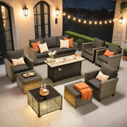 Vista 22 de ovios Juego de muebles de patio de 4 piezas con sofá de exterior, luces solares, mesa, cojines cómodos, sofá de conversación de mimbre de ratán