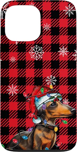 Vista 24 de iPhone 16 Dachshund Christmas Phone Case Red Plaid Pattern Christmas Lights Case