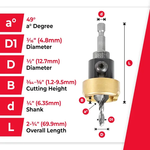 Vista 4 de Amana Tool Avellanador de 82 Grados con Broca con Tope de Profundidad y Rodamiento de Bolas Sin Empuje, 55242, 1/2 D x 3/16 Diámetro de Broca x