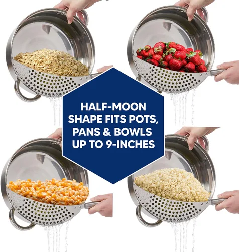 Vista 3 de HIC Kitchen - Colador de olla de media luna, acero inoxidable, drena líquidos de alimentos hervidos o al vapor
