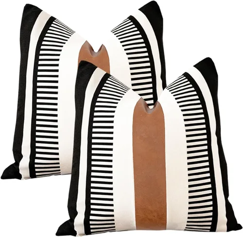 Vista 9 de Juego de 2 fundas de almohada bohemias a rayas de 16 x 16 pulgadas, fundas de almohada de cuero modernas para sofá, cama, decoración de granja
