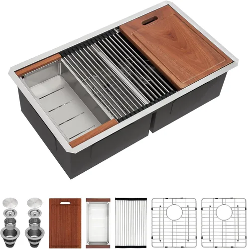 Vista 23 de Sarlai Fregadero de Cocina Dorado Bajo Encimera de 33 Pulgadas Doble Tazón 33 x 19 Pulgadas Bajo Dividido Dorado Estación de Trabajo Fregadero Doble