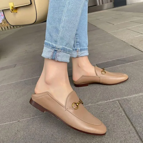 Vista 5 de Divanne Mocasines para mujer, mocasines planos con cadena dorada, mocasines de piel sin cordones Albaricoque