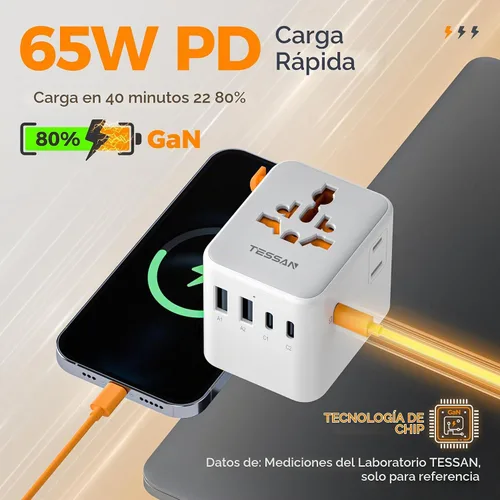 Vista 3 de TESSAN Adaptador de viaje universal 65W GaN, adaptador de corriente Blanco-65W