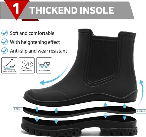 Vista 2 de Botas de lluvia para mujer, cómodos botines elásticos para adultos, botas Chelsea de tacón medio a la moda, impermeables, antideslizantes, suela
