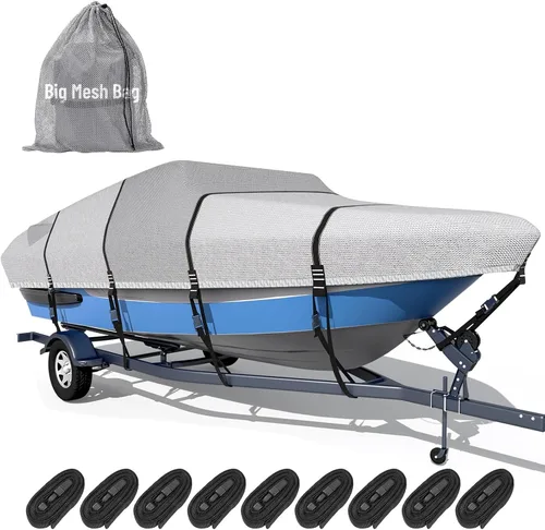 Vista 13 de Funda para barco 1600D + 1200D con bucles de 2 pulgadas de ancho para remolque y amarre, ultraduradera, impermeable, se adapta a Tri-Hull, V-Hull