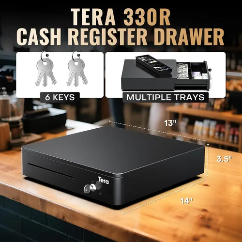 Vista 2 de Tera Cajón de caja registradora de 13" con apertura automática, resistente, con bandeja extraíble totalmente insertable, 5 teclas, 4 para billetes