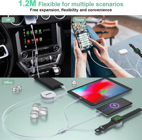 Vista 6 de Cable de carga universal retráctil 3 en 1 para teléfonos + cable de carga para Apple Watch, USB A a Lightning+tipo C+cargador iWatch para iWatch