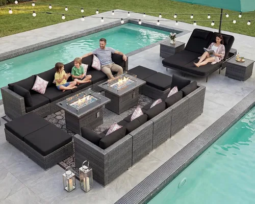 Vista 43 de NICESOUL Juego de muebles de patio de ratán extra grande con mesa para fogata de gas y propano, 29.3 pulgadas, respaldo alto, cómodos conversaciones