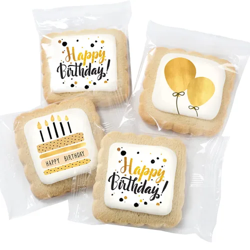Vista 2 de Galletas de feliz cumpleaños a granel, paquete de 24 unidades envueltas individualmente, regalos de fiesta, comida dorada para hombres, mujeres
