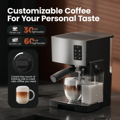 Vista 10 de Cafetera Espresso 20 Bares - Cafetera de Espresso y Café con Espumador Automático de Leche, Máquina de Cappuccino, Cafetera de Latte para Hogar