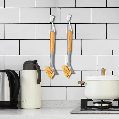 Vista 4 de Paquete de 2 cepillos para platos con mango de bambú, raspador integrado para platos, cepillo para sartenes, ollas, limpieza de mostrador