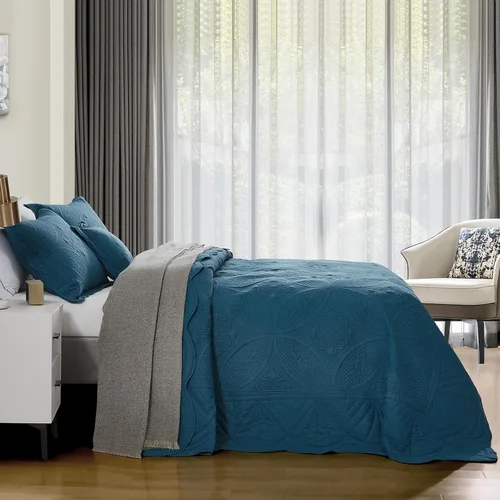Vista 2 de DaisyHuang - Juego de cama de tamaño completo - Juego de edredón moderno y contemporáneo, costura real, reversible, ligero, 5 piezas, azul